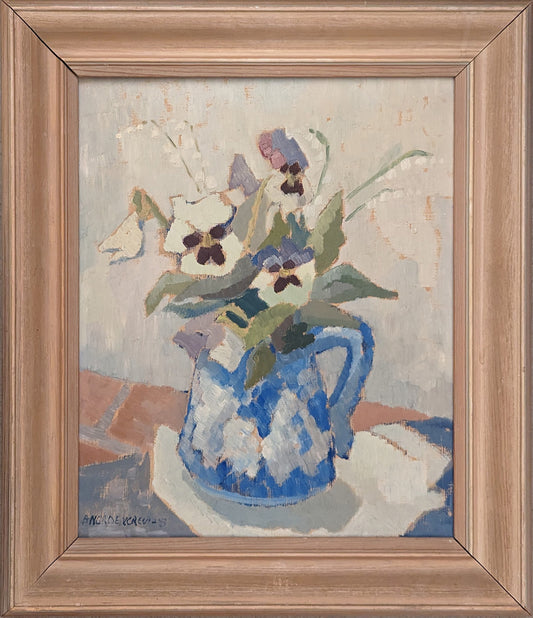 Pansies in a Blue & White Jug